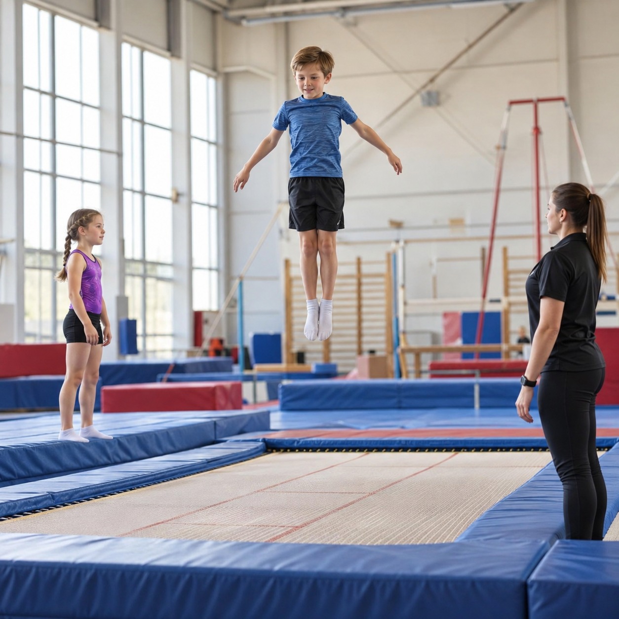 Two children training on a trampoline with a coach supervising